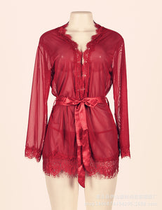 Women Sexy Lace Robe Mesh Nightgown Set
