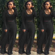Load image into Gallery viewer, Women 3 PCs Outfits Ottoman Rib Open Front Cardigan Cover Up Crop Tank Tops Wide Leg Palazzo Pant Set Jumpsuit
